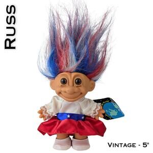 VTG Russ Lucky Troll Doll w/ Tags 5" Girl United States Red White Blue Patriotic